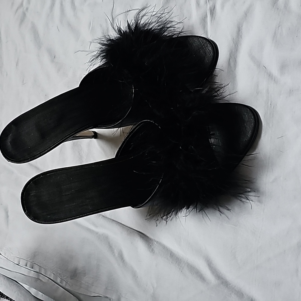 Shoes, black, fuzzy heels